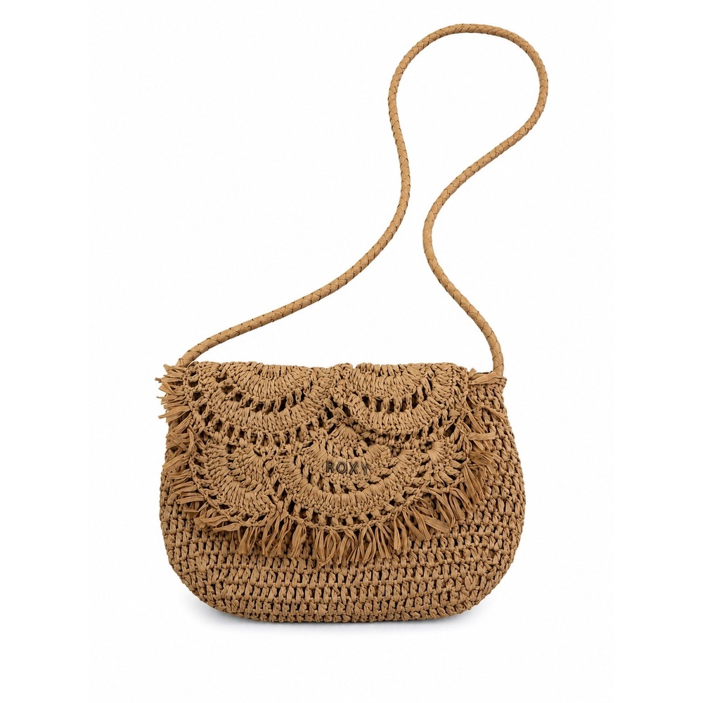 Roxy Boho Woven Vacation Summer Beach Crochet Straw Fringe Crossbody Bag Purse